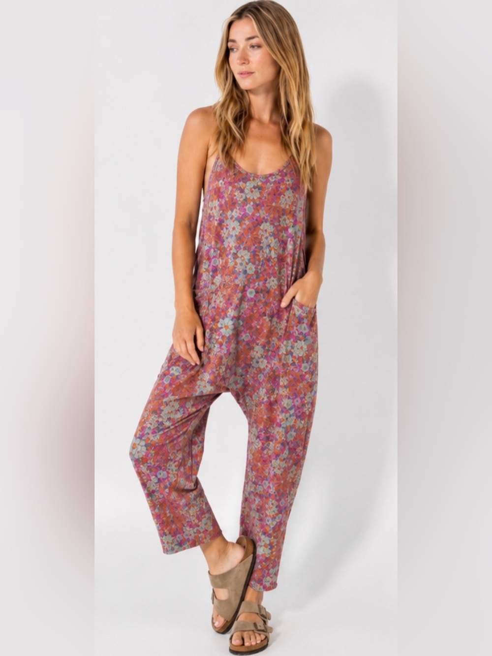 Natural Life Lucy Jumpsuit M Floral Boho Wide Leg Pocket Romper NWOT